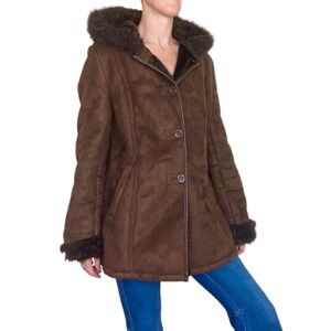 Excelled Collection Retro Y2K Brown Fur Trimmed Hooded Jacket